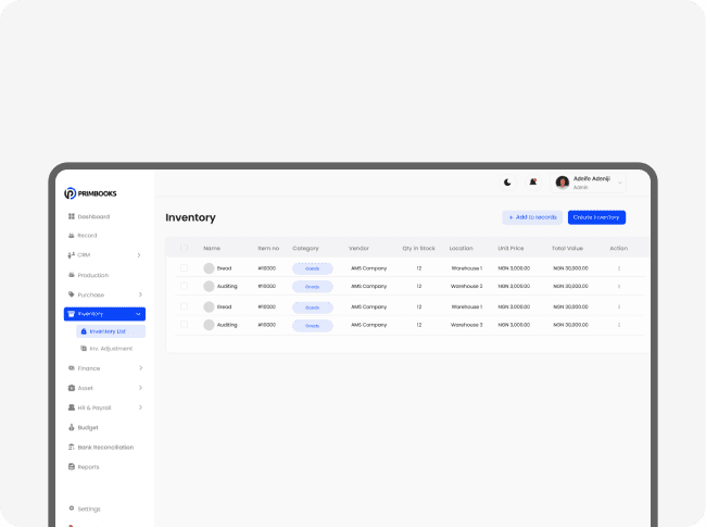 Inventory stock list table preview