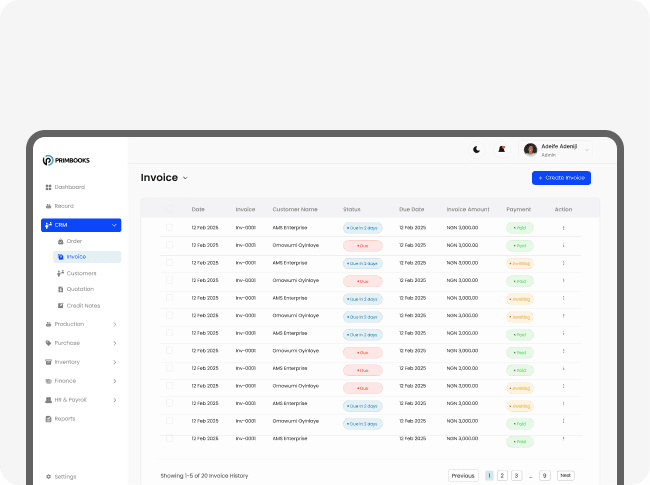 Invoices list preview