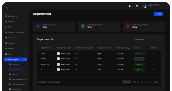 Department list in dark mode