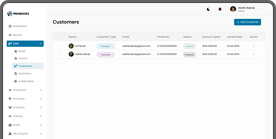 Customer Management dashboard