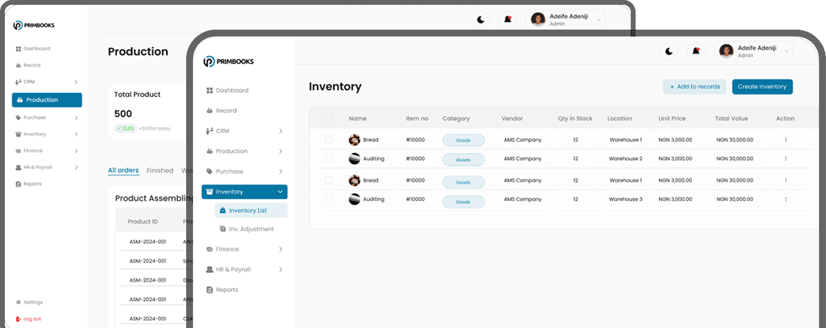 Inventory and Production Tracking dashboard